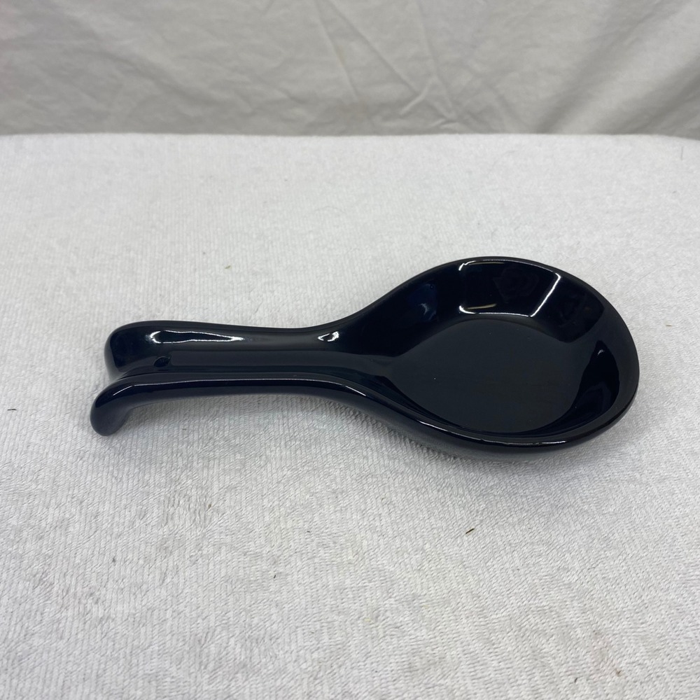 Black Ceramic Spoon Rest Glossy Modern Kitchen Utensil Holder 8.5 Inch